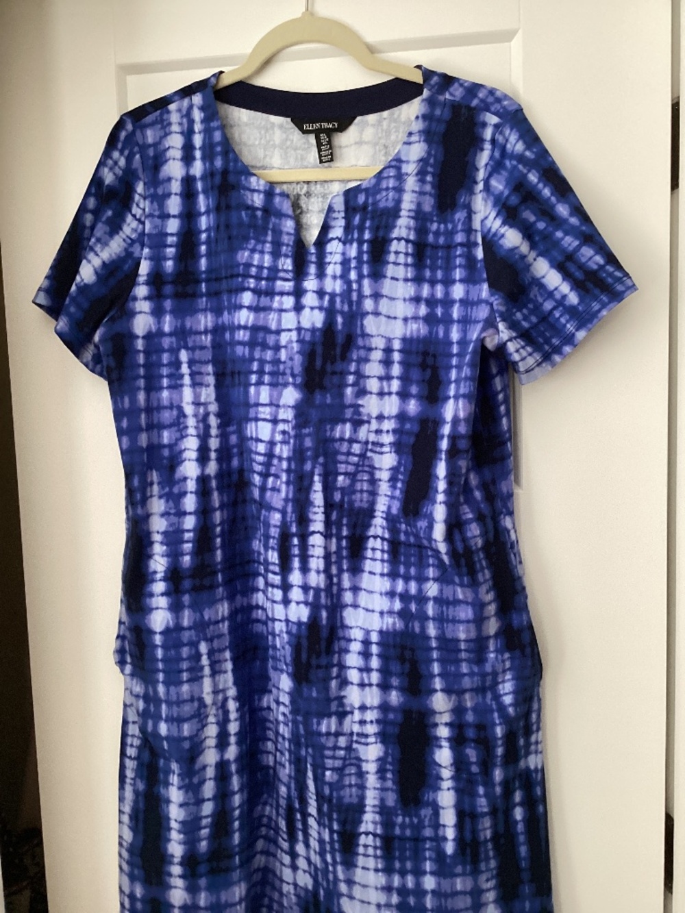Ellen Tracy Indigo Tie-Dye Pima Cotton Shift Dress w/Pockets Size L Short Sleeve